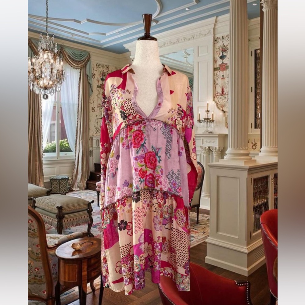 NWT Johnny Was 100% Silk Multicolor Floral Dress Small